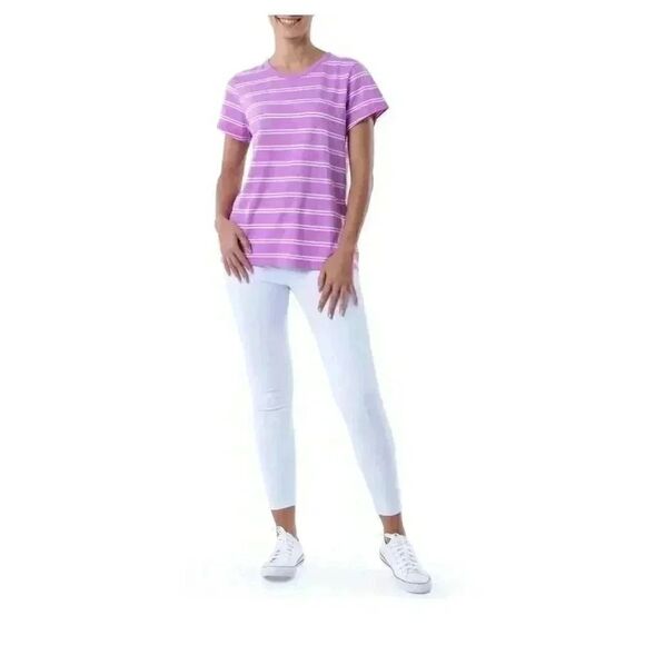 Time & Tru Women's Pink Orchid Bloom/Vivid White Cotton/Poly Striped T-Shirt NEW - Picture 3 of 11